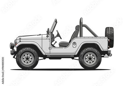 Classic Off-Road 4x4 SUV Side View Illustration - Vintage Open-Top Jeep Style Vector