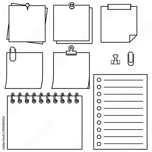 付箋やリングノート、ToDoリストなど、ビジネスで使いやすい事務用メモの線画セット