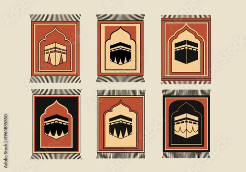 Set of Minimalist Islamic Prayer Rugs with Kaaba Illustration for Salah, Ramadan, and Hajj Designs