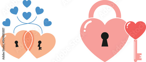 Vector Set of Heart Lock and Key Illustrations, Love and Romance Symbols for Valentine, Wedding, and Romantic Designs