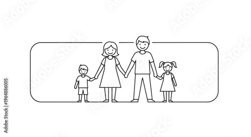 A heartwarming simple line art illustration depicting a joyful nuclear family unit holding hands