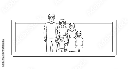 Minimalist black and white line art depicting a cheerful family portrait with parents and three