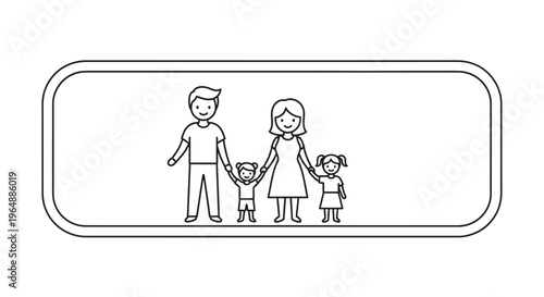 Cheerful line art depiction of a smiling family unit standing united within a border