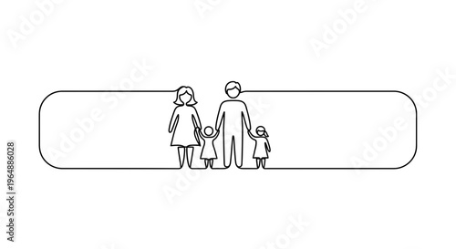 Modern single line artwork of a cohesive family unit with parents and two children inside a clear