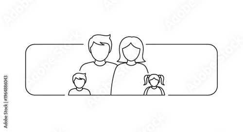 Simplified line art illustration depicting a modern nuclear family with parents and two children