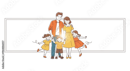 A vibrant illustration of a happy family with two daughters and a son embracing togetherness and joy