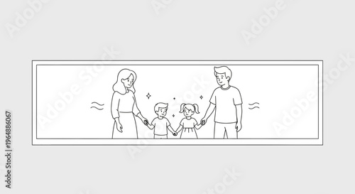 A heartwarming simple line art illustration depicting a happy family of four holding hands together