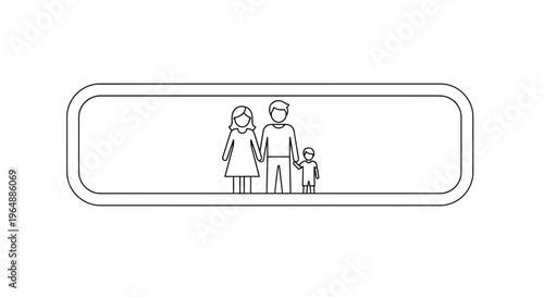 Minimalist black line art illustration of a traditional family unit within a rectangular border