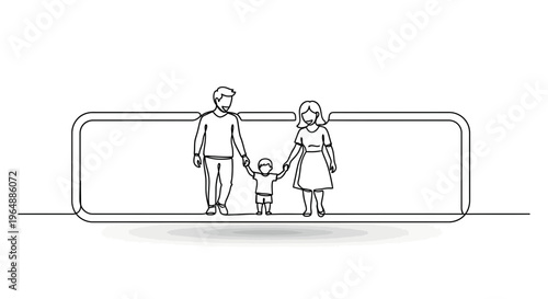 Continuous line illustration of a united family walking together, embodying modern togetherness