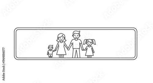A heartwarming outline illustration capturing a nuclear family with two children holding hands