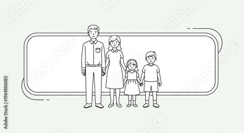 Outline illustration of a nuclear family standing together in front of a blank rectangular frame