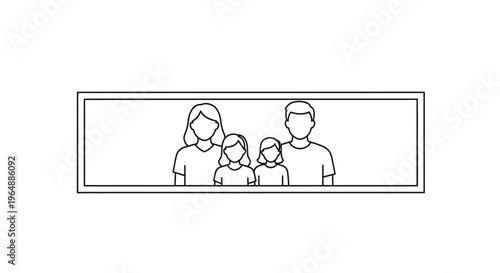 Monochromatic line art family portrait with mother father and two daughters framed cleanly as a