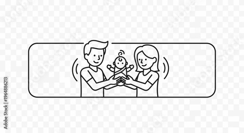 Joyful parents embrace their newborn child, celebrating new life and family bonds in a simple line