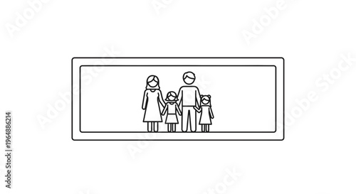 Minimalist linear depiction of a united nuclear family portrait, symbolizing warmth and connection