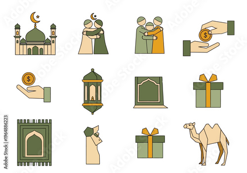 Islamic Icon Set for Ramadan and Eid Mubarak Featuring Mosque, Charity, Prayer, and Traditional Symbols