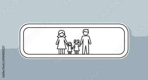 Outline icon of a nuclear family unit featuring parents and two young daughters in a rounded border