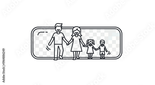 Outline illustration of a cheerful family walking together holding hands in unity representing love