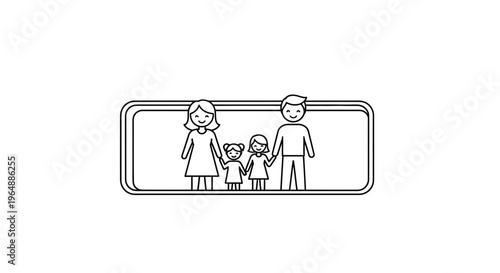Happy family unit portrait line art illustration displaying a father mother and two children