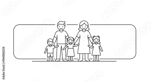 United family of five with parents and children standing together in a minimalist line art