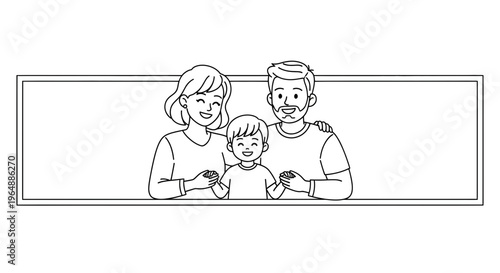 Heartwarming line art illustration of a joyous family portrait featuring parents and their child