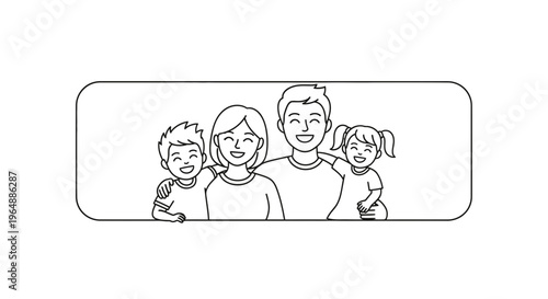 Joyful smiling family portrait in simple line art style depicting warmth and togetherness