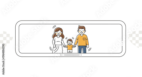 Joyful family illustration with smiling parents and child holding hands, symbolizing happiness and