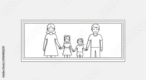 Black and white outline drawing of a happy family of four smiling and holding hands in a simple