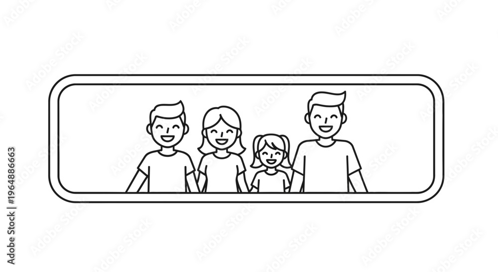 Fototapeta premium Joyful line art illustration of a happy family portrait with parents and two children smiling