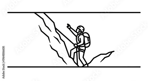 Dynamic black line art depicting a solo climber ascending a rugged mountain cliff face with safety