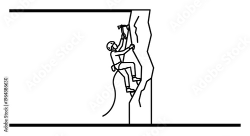 Dynamic Line Art Illustration of an Individual Ascending a Craggy Mountain Peak with Climbing Gear