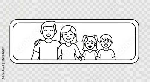 A delightful illustration featuring a smiling family of four in a joyful embrace with minimal line