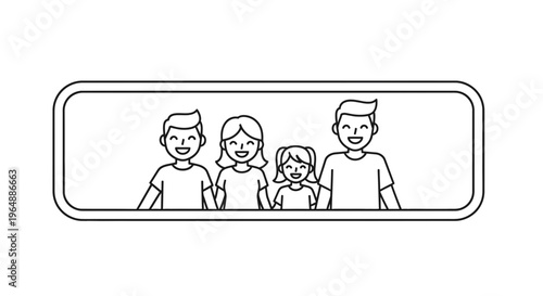 Joyful line art illustration of a happy family portrait with parents and two children smiling