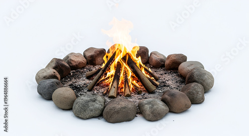 Campfire blazing with vibrant flames in a stone circle on snowy ground; outdoor fire pit with burning logs and warm glow in natural setting