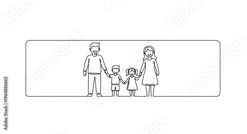 Minimalist one line drawing of a complete family father mother son daughter togetherness graphic