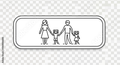 Minimalist stick figure icon depicting parents and two children holding hands in a cohesive group
