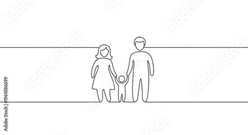 Continuous line art illustration of a happy family holding hands symbolizing unity and connection