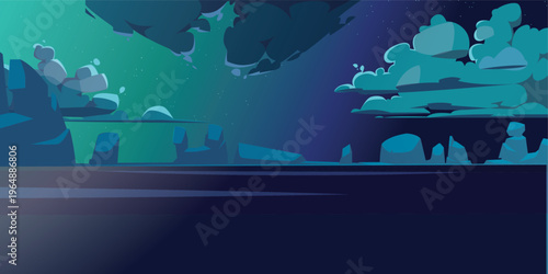 Alien Planet Landscape with Glowing Aurora Borealis, Starry Night Sky and Stylized Clouds over Desert Rocks Background