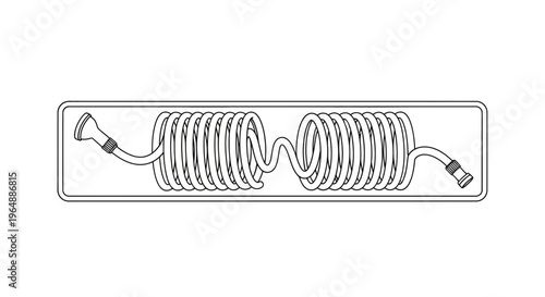 Efficiently coiled garden hose with nozzle and connector in a minimalist linear design for