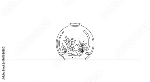 Minimalist continuous line drawing of a small contained ecosystem within a clear glass vessel