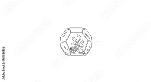 Minimalist terrarium line art showcasing delicate plant life within a modern geometric glass