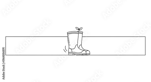 Minimalist line art depicting gardening boots nurturing a vibrant green sprout, symbolizing new
