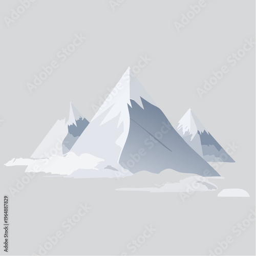 Snowy Mountain Peaks Illustration Serene Winter Landscape with Misty Clouds, symbolizing nature's tranquil beauty