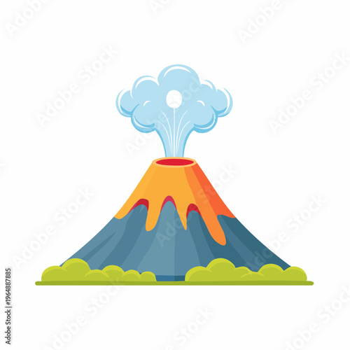 A stylized illustration of a volcanic eruption with smoke billowing from the summit