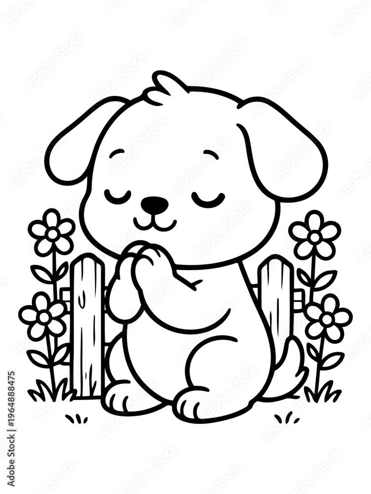 Fototapeta premium Praying Pup: A heartwarming illustration of a cute puppy with eyes closed in peaceful prayer. surrounded by daisies, the cartoon exudes an aura of serenity and innocence.