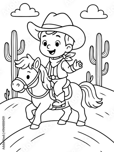 Young Cowboy on a Pony: A charming cartoon depiction of a young cowboy, astride his trusty pony, ventures into the wild west landscape, filled with a sense of adventure.