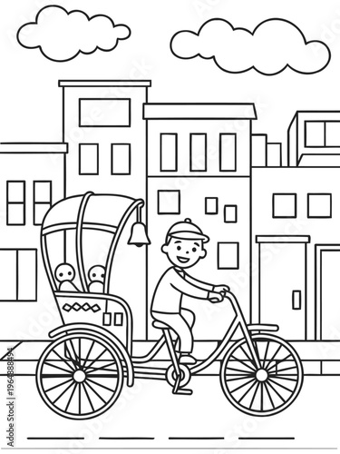 Pedicab Ride Through City: An illustrative image depicts a cheerful person pedaling a pedicab through a city setting. The image evokes a sense of urban adventure. 