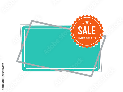 Bright turquoise sale tag with grey border, limited time offer, shopping discount concept