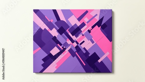 Geometric Composition in Pink and Violet: An abstract composition of interlocking shapes and vibrant hues of pink and violet. The artwork exudes a sense of dynamic energy and modern artistic flair.