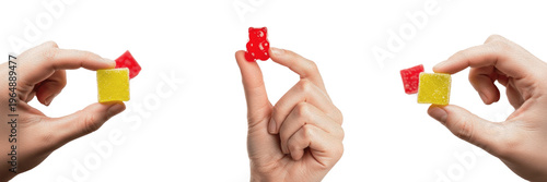 Hands holding colorful gummy bear and jelly fruit candies isolated on white background set.