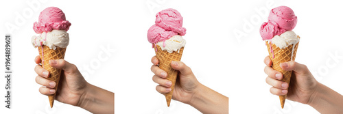 Fotografie Fruity Strawberry Sorbet and Creamy Vanilla Ice Cream Swirl in Waffle Cone
